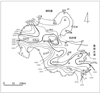 図１．大分県の年平均降水量分布（ミリ）